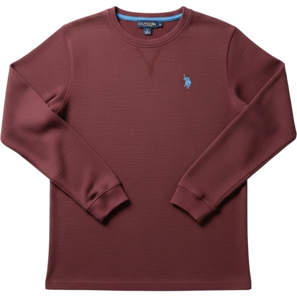 US Polo Assn Boys Burgundy Waffle Knit Thermal Long Sleeve Shirt L 14/16 Maroon